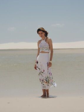 White Floral Halter SET Midi Skirt - Women